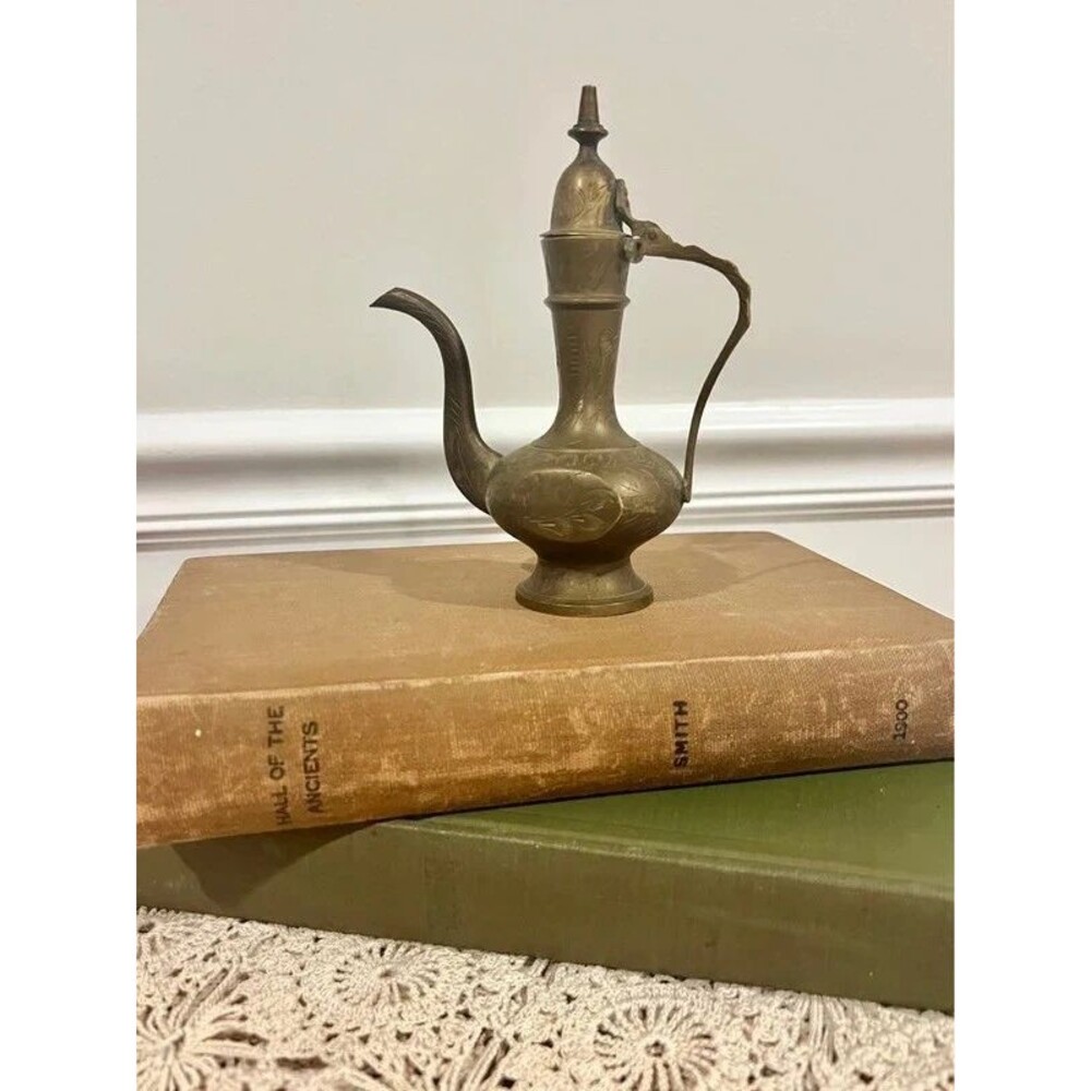 Vintage Miniature 6" Etched Brass Dallah | Middle Eastern Coffee Pot Ewer Made i